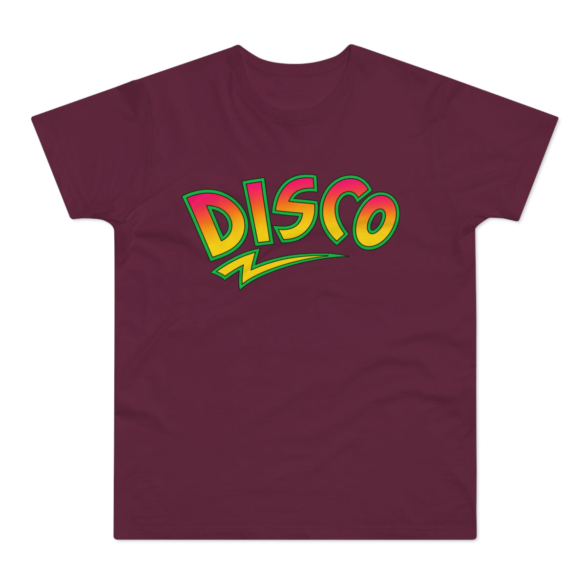 Burgundy t-shirt with a retro "DISCO" graphic in gradient colors.