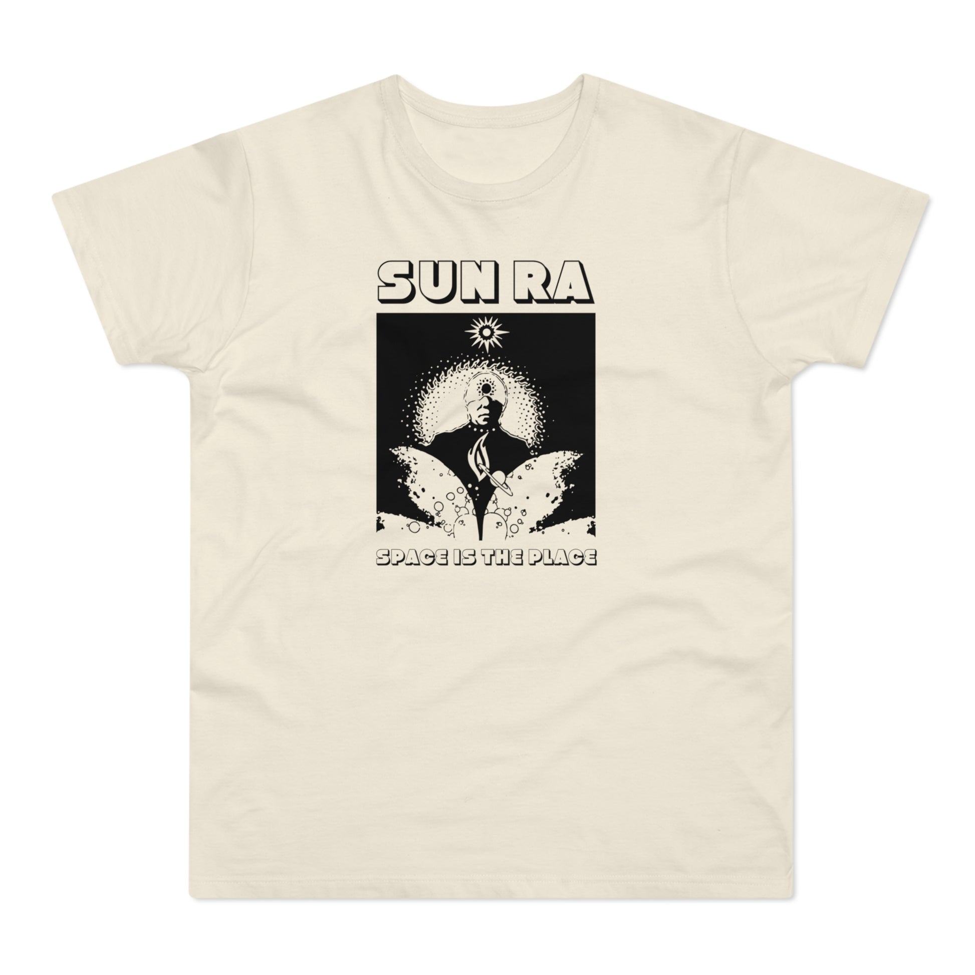 Cream t-shirt with black graphic of Sun Ra and text "SPACE IS THE PLACE".