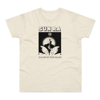 Cream t-shirt with black graphic of Sun Ra and text "SPACE IS THE PLACE".
