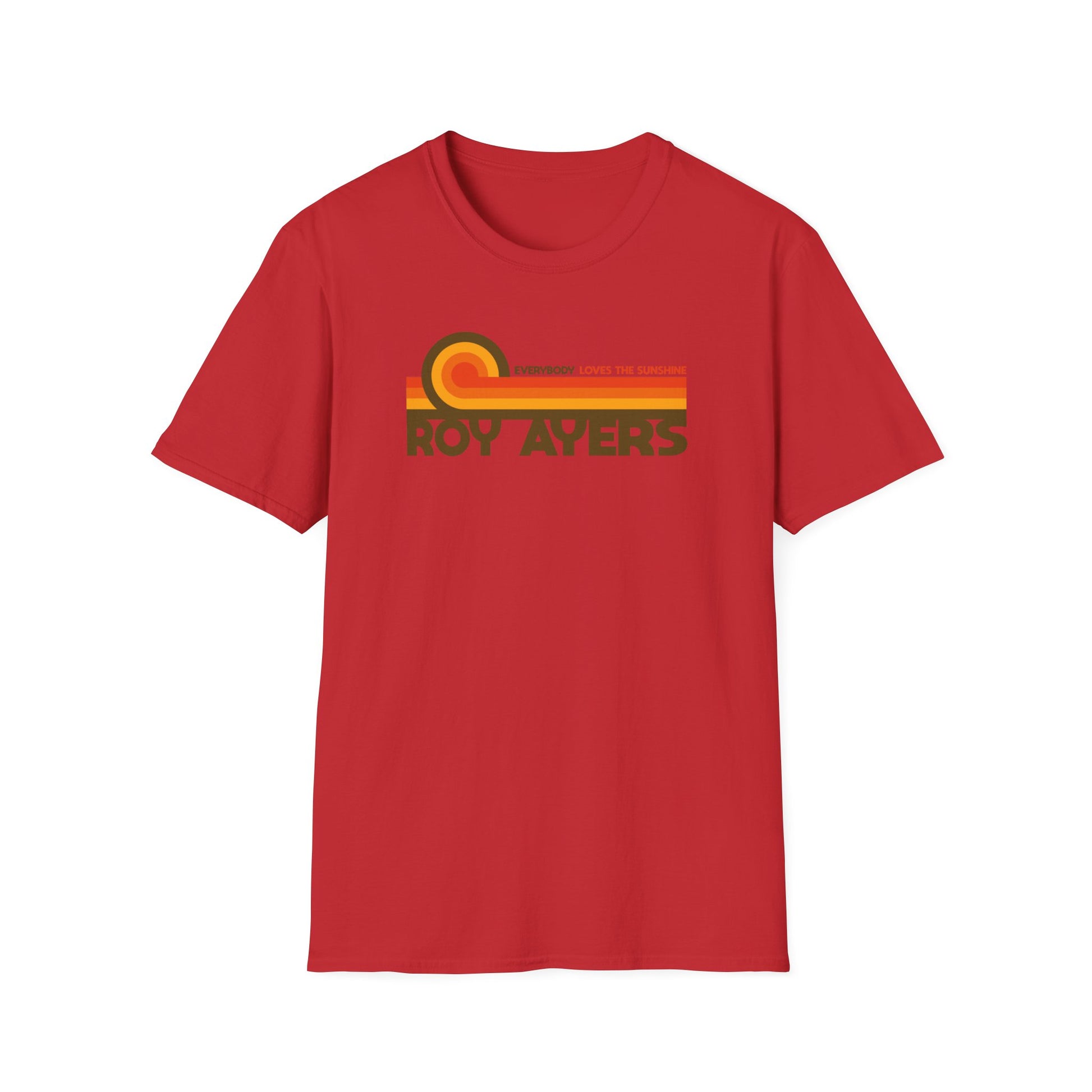 Red t-shirt with rounded graphic: "ROY AYERS EVERYBODY LOVES THE SUNSHINE".