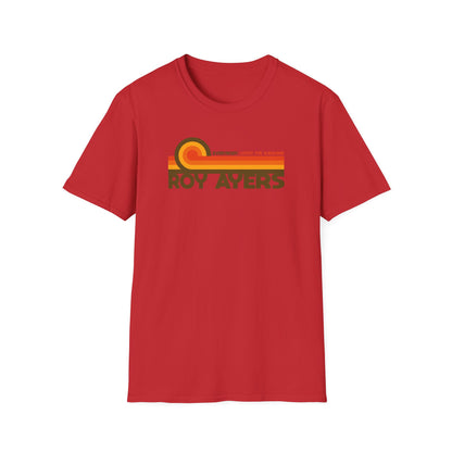 Red t-shirt with rounded graphic: "ROY AYERS EVERYBODY LOVES THE SUNSHINE".