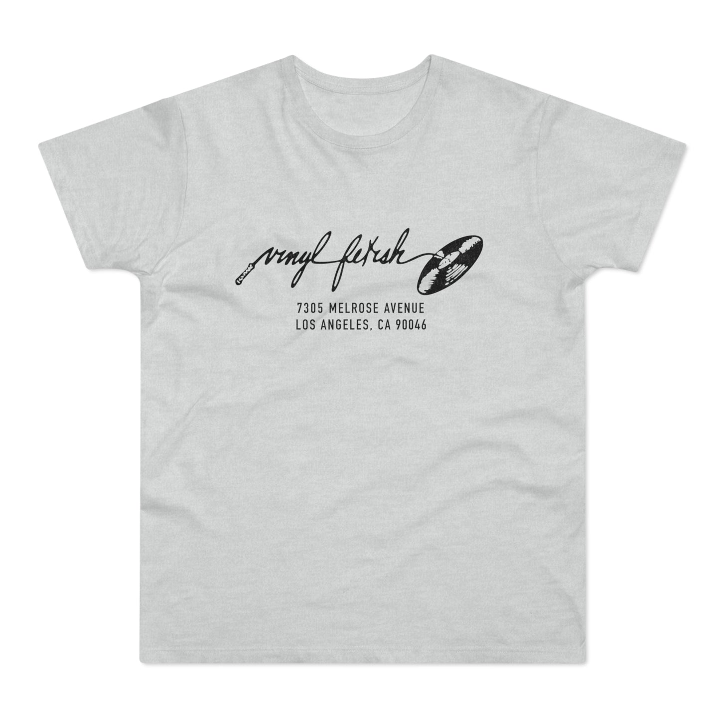 T-shirt with "Vinyl Fetish" text, a turntable needle, and record graphic.