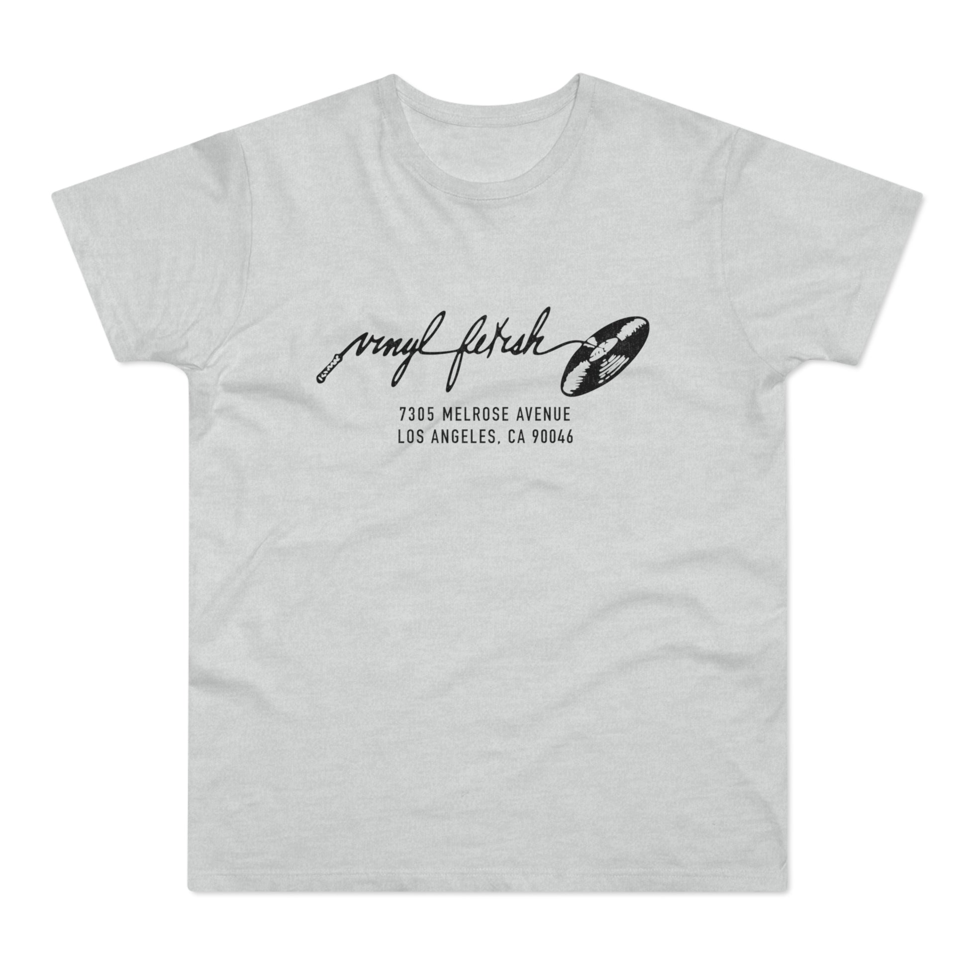 T-shirt with "Vinyl Fetish" text, a turntable needle, and record graphic.