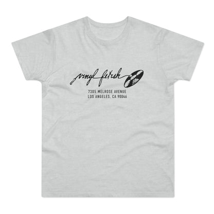 T-shirt with "Vinyl Fetish" text, a turntable needle, and record graphic.