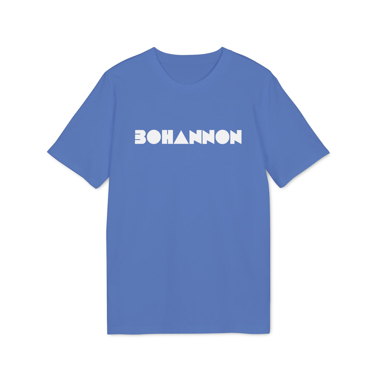 A blue crewneck short-sleeve t-shirt with the white geometric text BOHANNON centered on the chest.