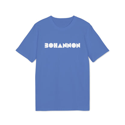 A blue crewneck short-sleeve t-shirt with the white geometric text BOHANNON centered on the chest.
