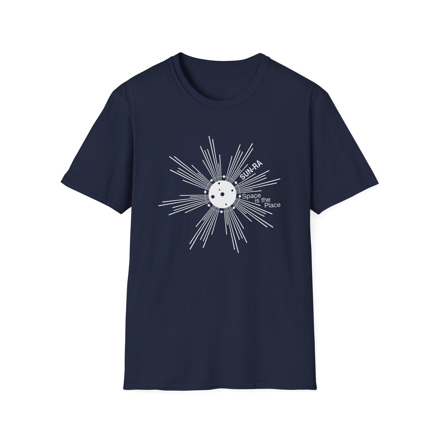 Navy t-shirt with white Sun-Ra "Space is the Place" graphic.