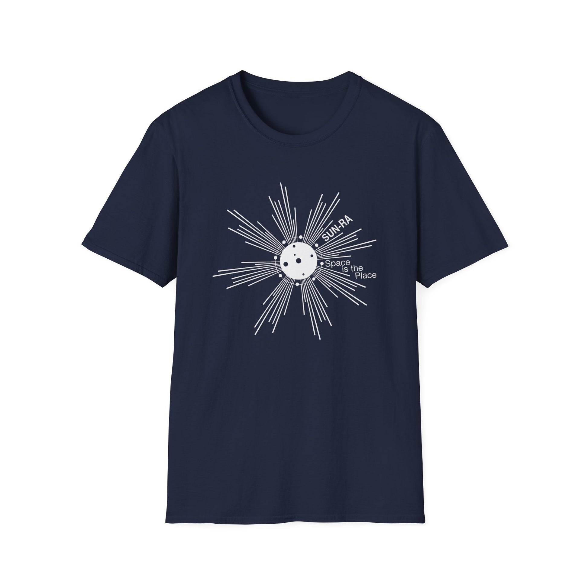 Navy t-shirt with white Sun-Ra "Space is the Place" graphic.