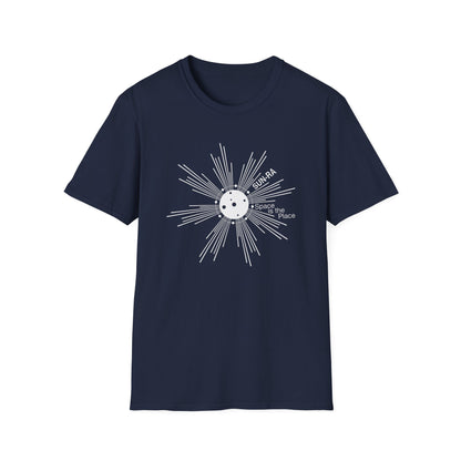 Navy t-shirt with white Sun-Ra "Space is the Place" graphic.