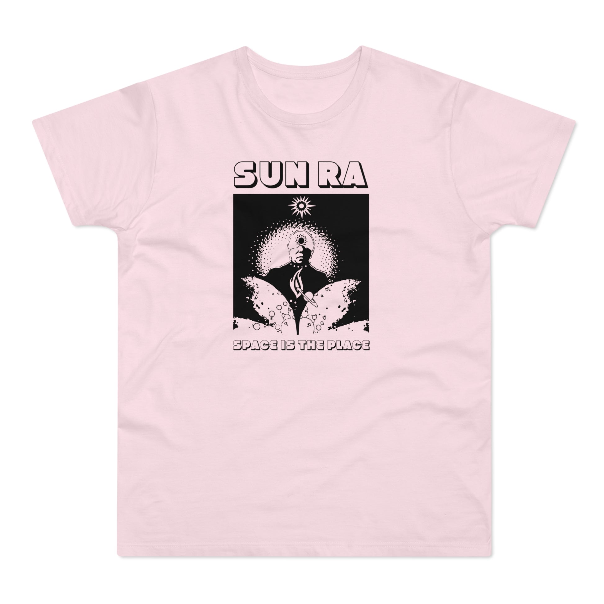 Pink t-shirt featuring "Sun Ra" and cosmic artwork with "Space is the Place" text.