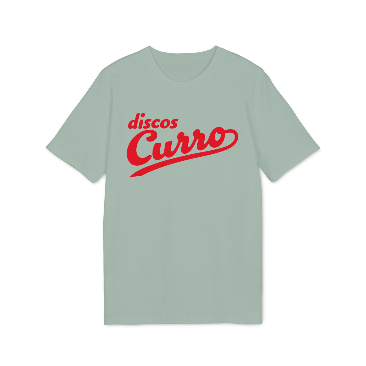 Sage green short-sleeved t-shirt featuring the red text "discos Curro" in a retro font on the chest.