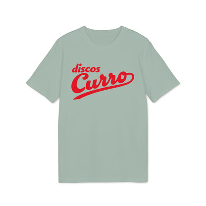 Sage green short-sleeved t-shirt featuring the red text "discos Curro" in a retro font on the chest.