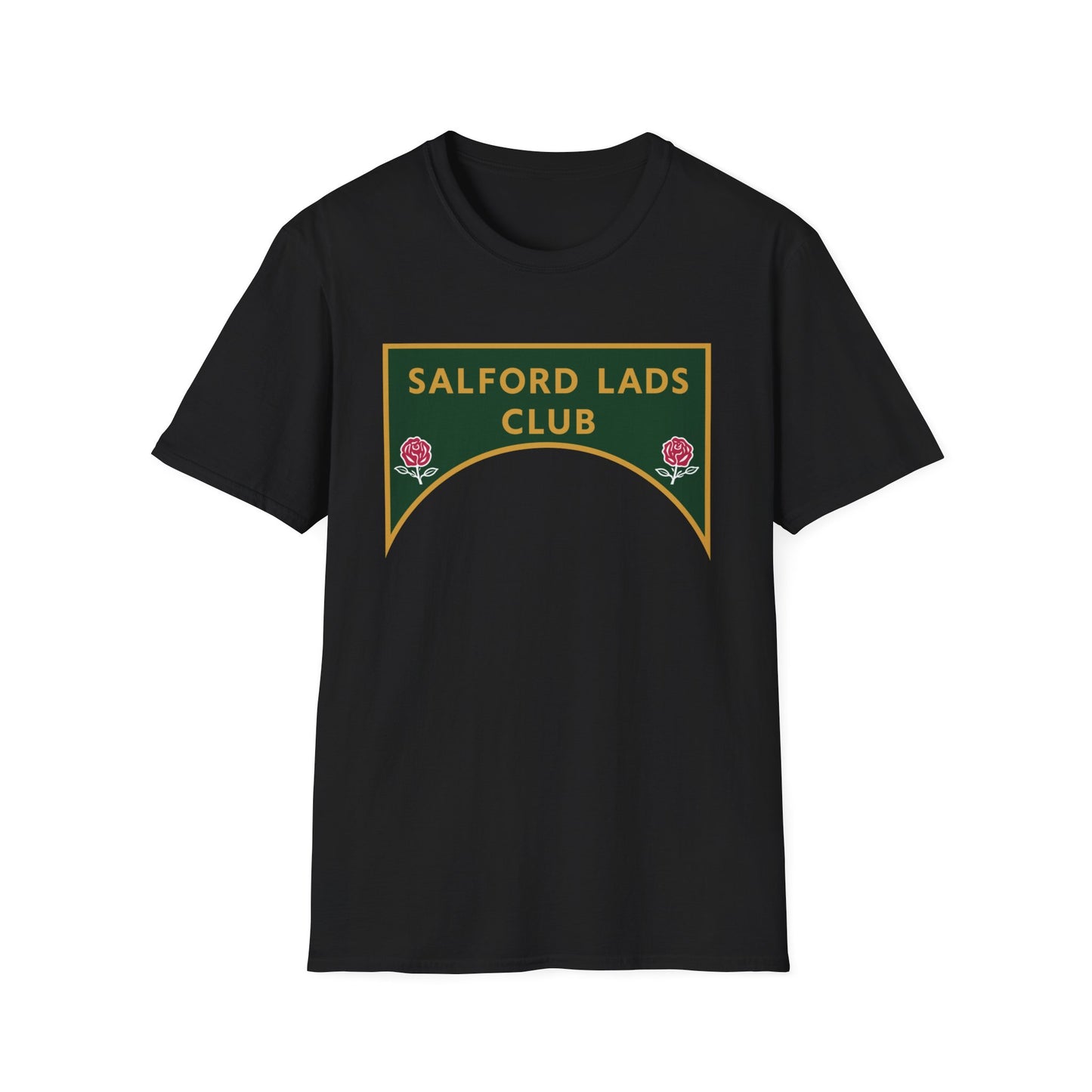 Black t-shirt with Salford Lads Club logo and two pink roses.