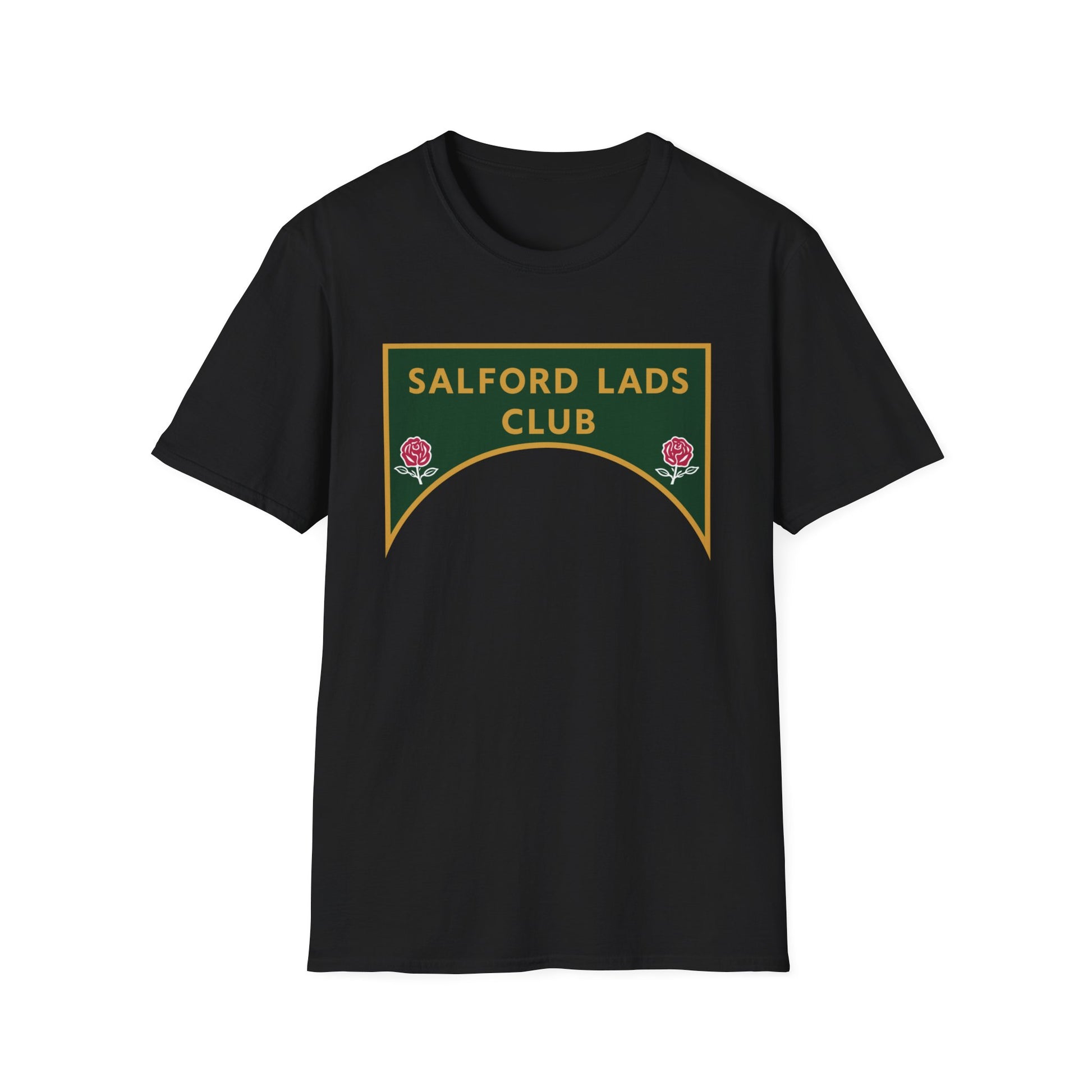 Black t-shirt with Salford Lads Club logo and two pink roses.