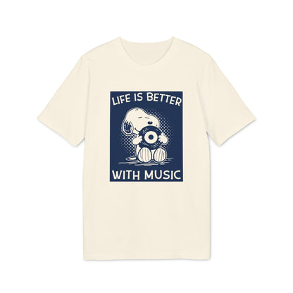 Off-white t-shirt featuring a dark blue graphic of Snoopy holding a vinyl record with the text LIFE IS BETTER WITH MUSIC.