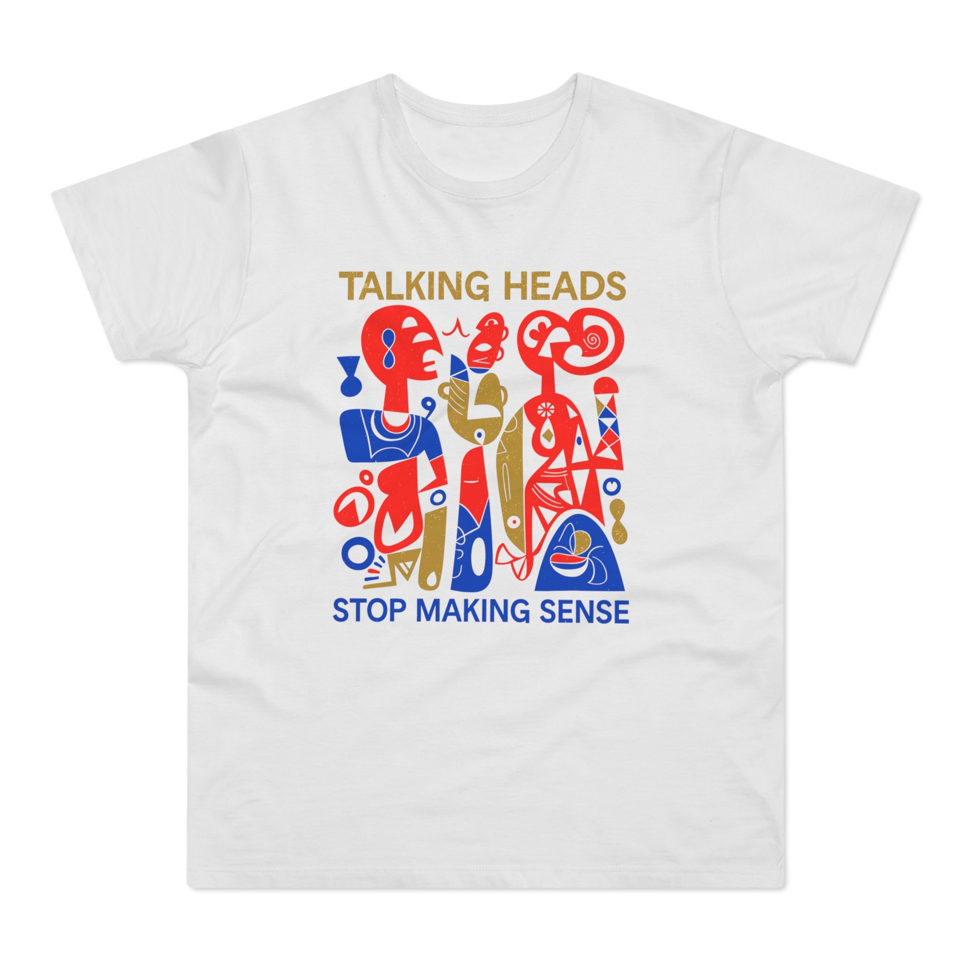 White t-shirt with Talking Heads Stop Making Sense abstract graphic and text.