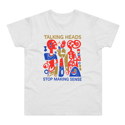 White t-shirt with Talking Heads Stop Making Sense abstract graphic and text.