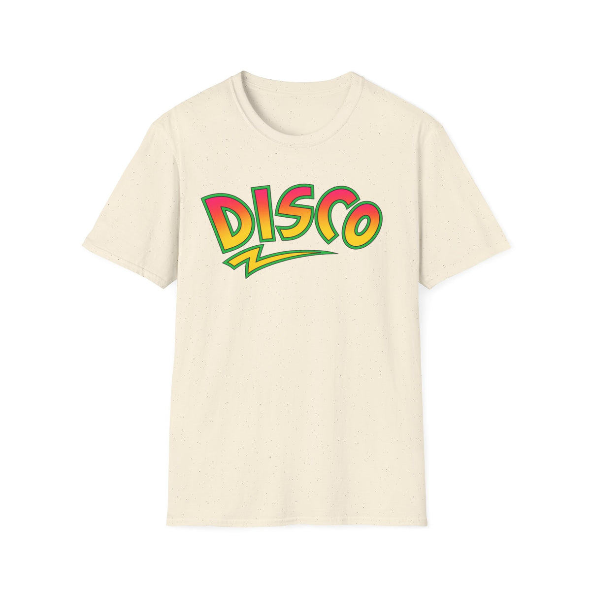 Cream t-shirt with a yellow and pink "Disco" graphic and a lightning bolt.