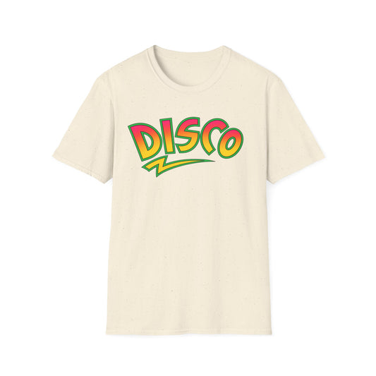 Cream t-shirt with a yellow and pink "Disco" graphic and a lightning bolt.