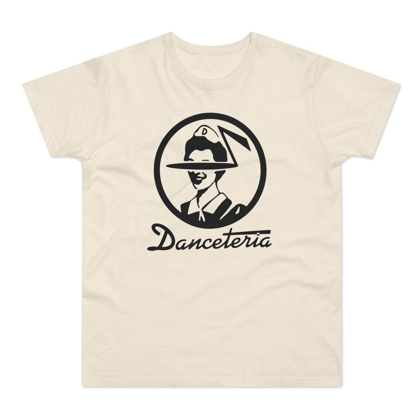 Cream t-shirt with black Danceteria logo featuring a circular design with a person in a hat.