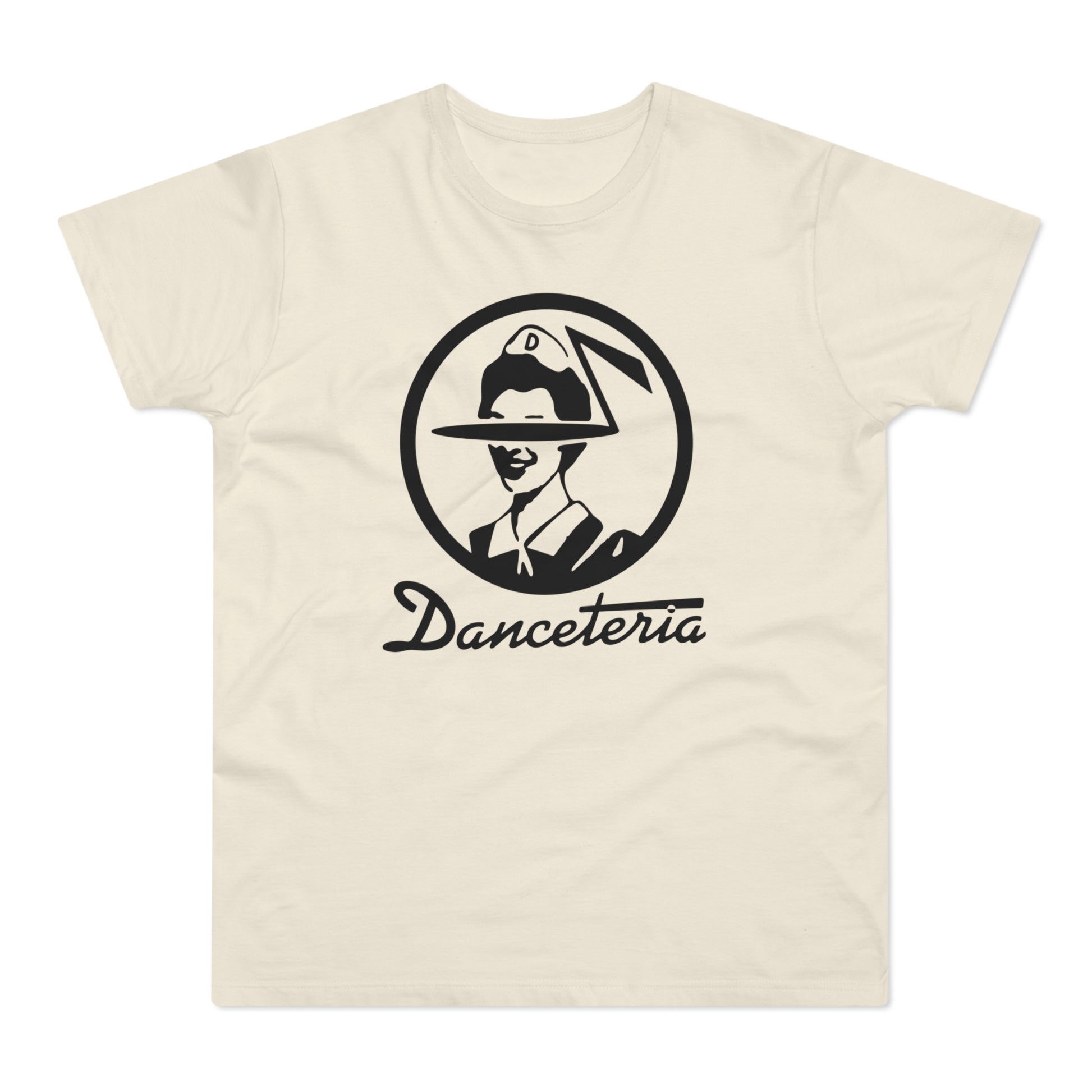 Cream t-shirt with black Danceteria logo featuring a circular design with a person in a hat.