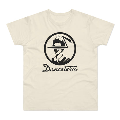 Cream t-shirt with black Danceteria logo featuring a circular design with a person in a hat.