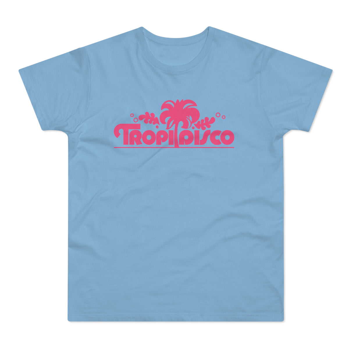 Light blue short-sleeve t-shirt with a pink tropical disco graphic and text centered on the chest.