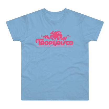 Light blue short-sleeve t-shirt with a pink tropical disco graphic and text centered on the chest.