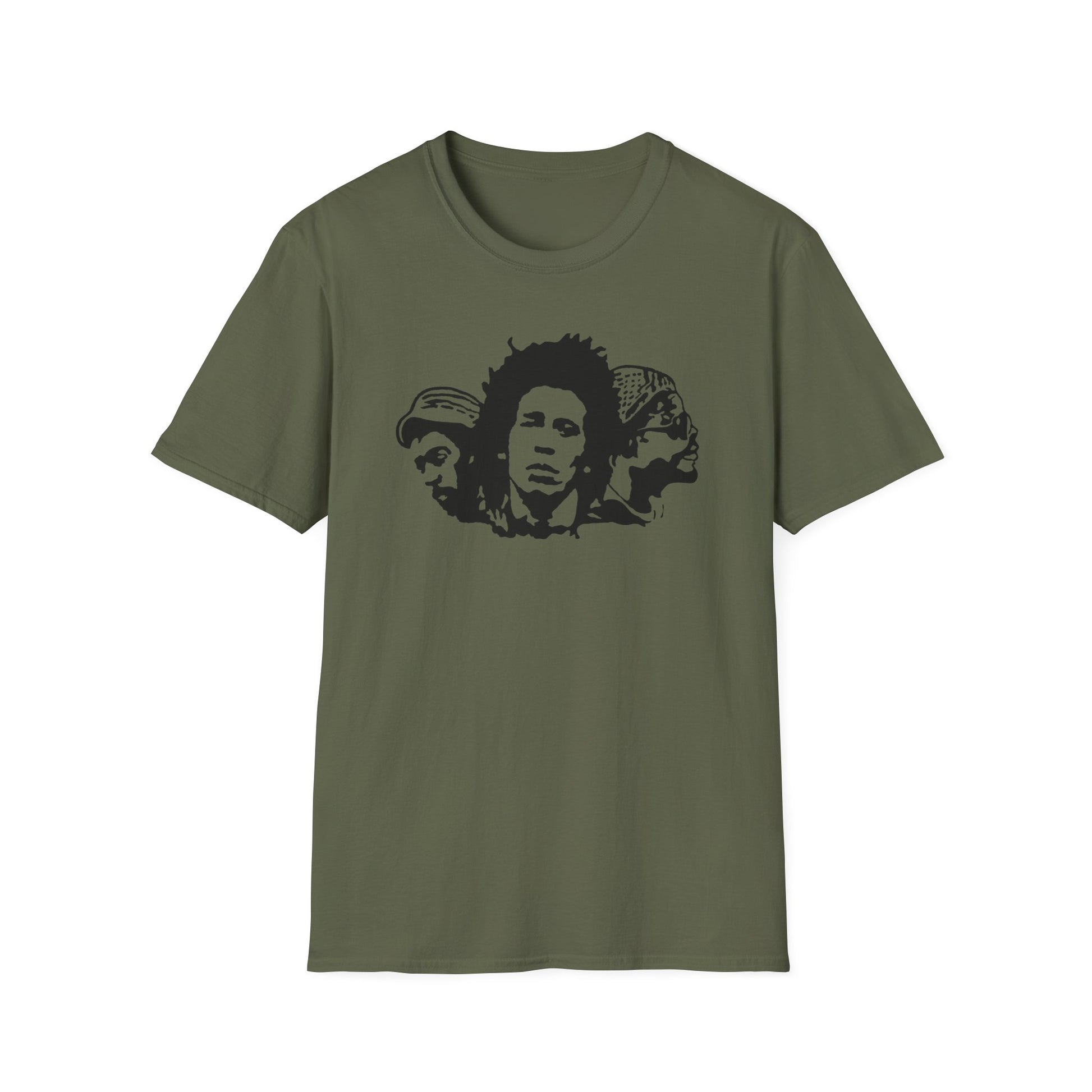 Olive green t-shirt with black graphic of three faces in a row.