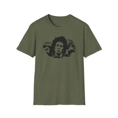 Olive green t-shirt with black graphic of three faces in a row.