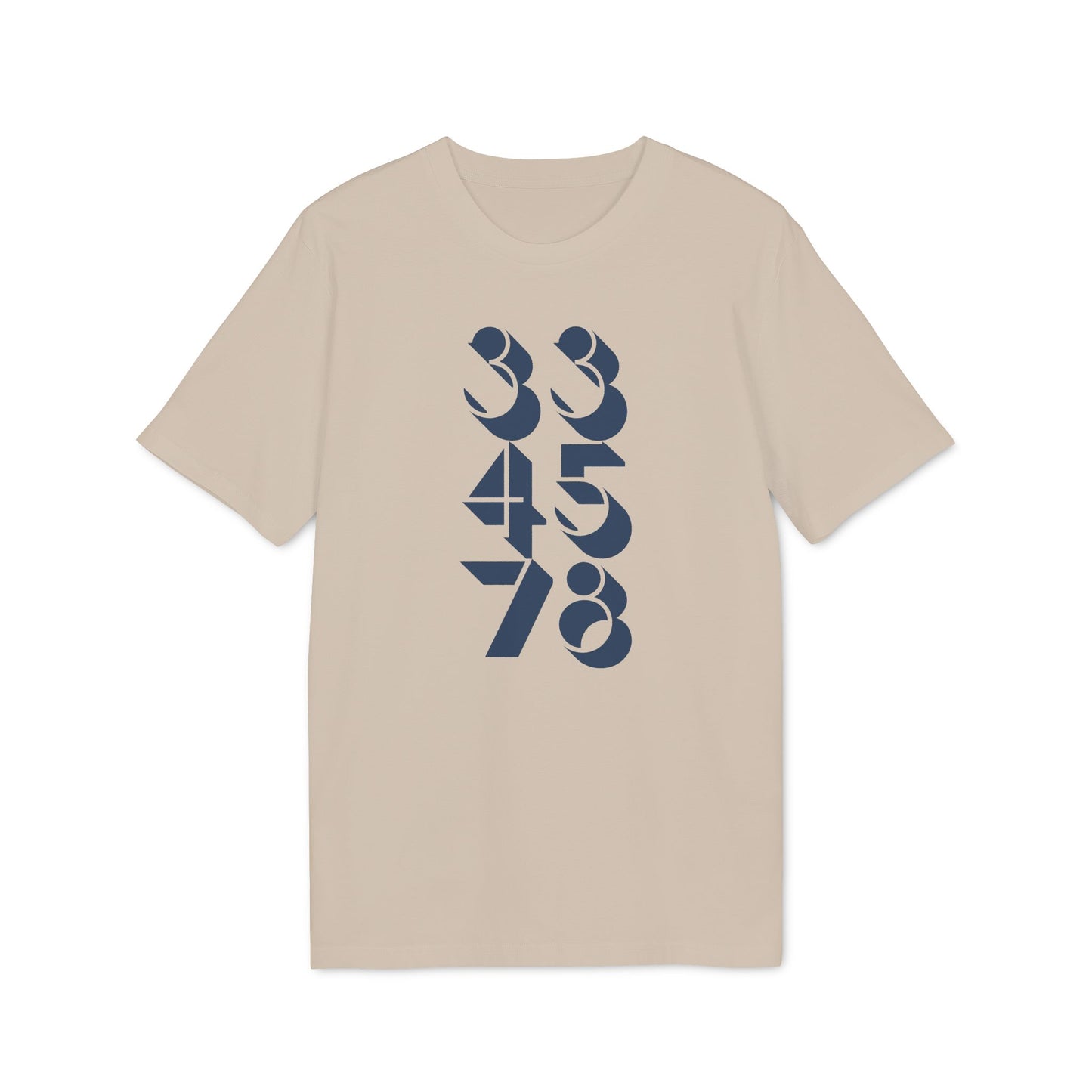 Beige t-shirt with a vertical navy blue graphic displaying numbers 33 45 78.