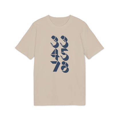 Beige t-shirt with a vertical navy blue graphic displaying numbers 33 45 78.