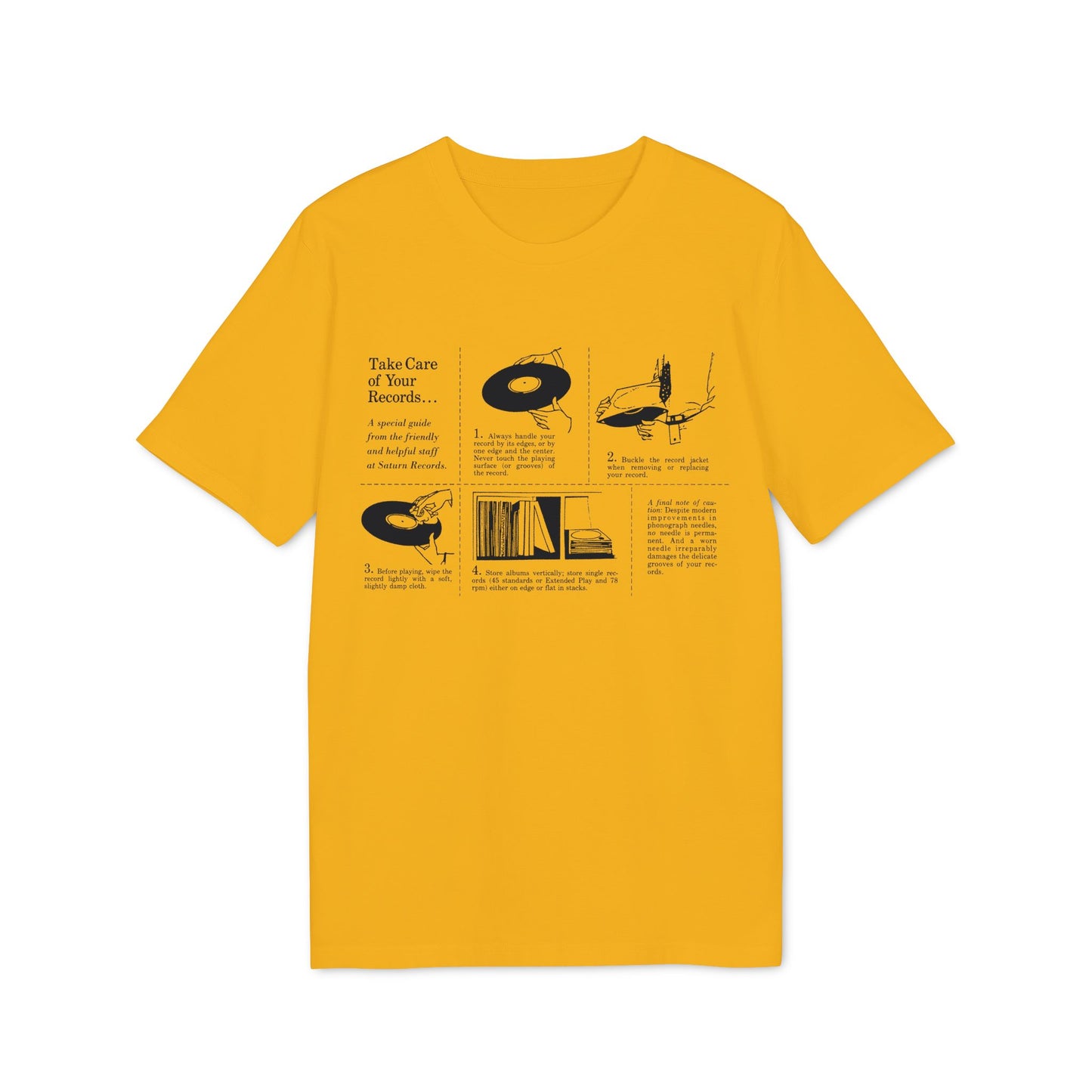 Yellow t-shirt with "Take Care of Your Records..." guide illustrations and text.