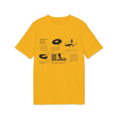 Yellow t-shirt with "Take Care of Your Records..." guide illustrations and text.