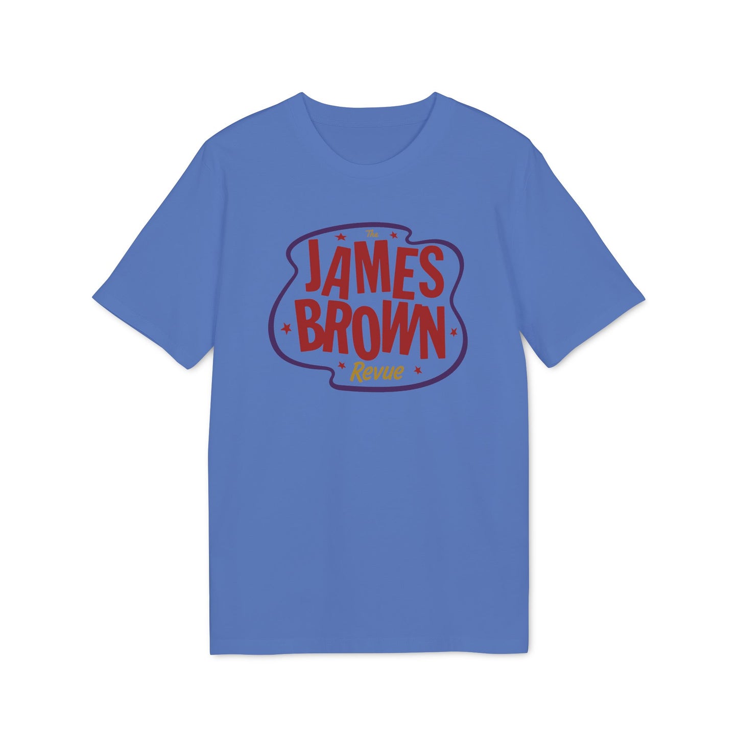 Blue t-shirt with "James Brown Revue" text and star graphics.