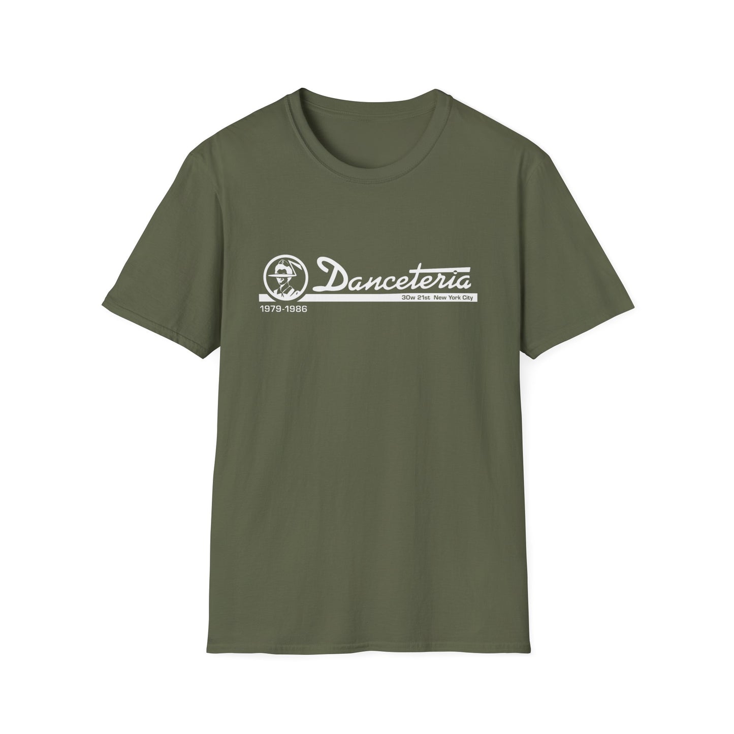 Green t-shirt with white "Danceteria 1979-1986 30w 21st New York City" graphic.