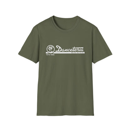 Green t-shirt with white "Danceteria 1979-1986 30w 21st New York City" graphic.