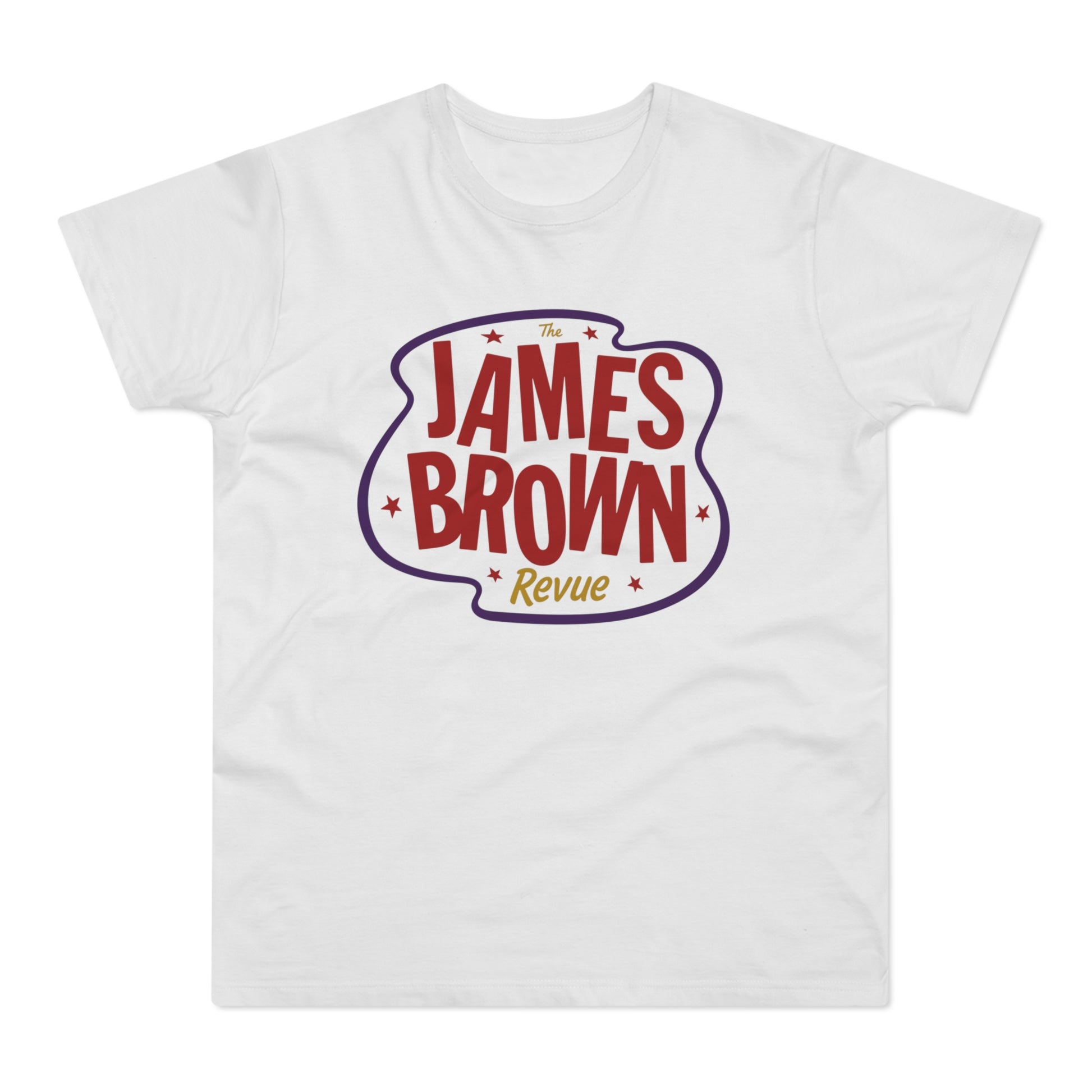 White t-shirt with red and purple "The James Brown Revue" text logo.