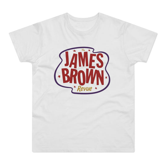 White t-shirt with red and purple "The James Brown Revue" text logo.