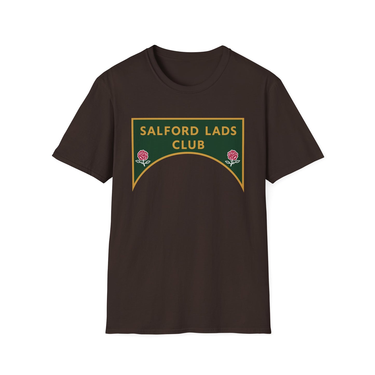 Brown t-shirt with a green and gold "SALFORD LADS CLUB" logo featuring roses.