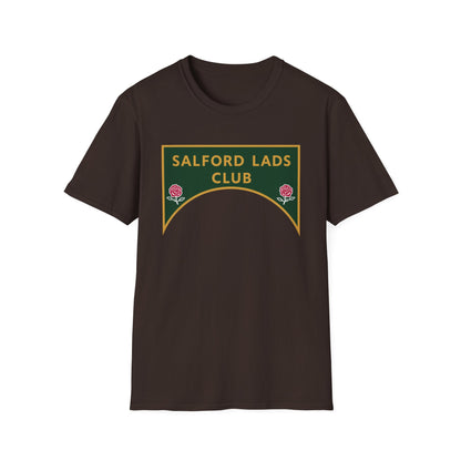 Brown t-shirt with a green and gold "SALFORD LADS CLUB" logo featuring roses.