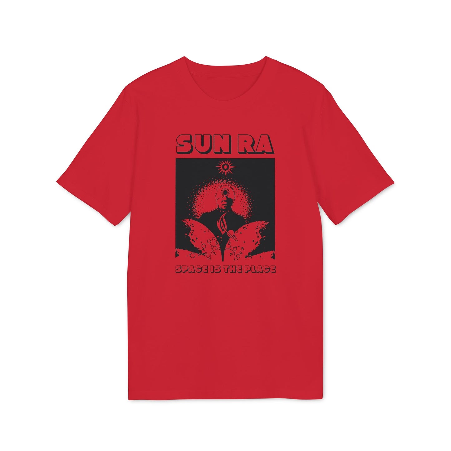 Red t-shirt with black Sun Ra graphic and "Space Is The Place" text.