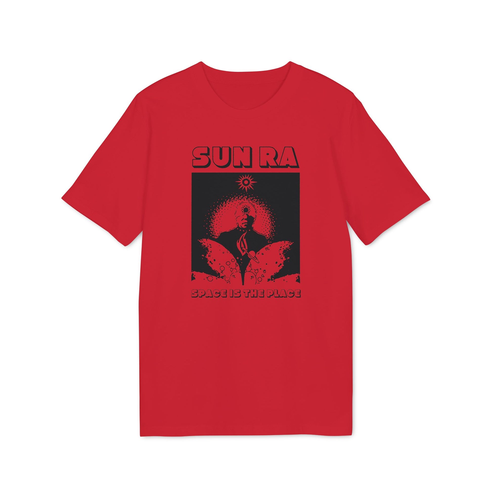 Red t-shirt with black Sun Ra graphic and "Space Is The Place" text.