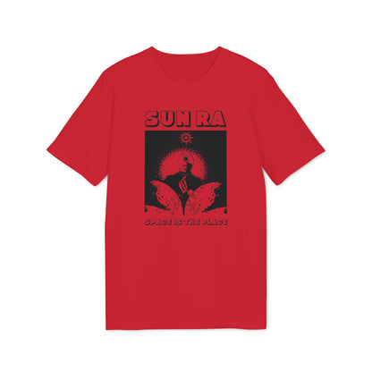 Red t-shirt with black Sun Ra graphic and "Space Is The Place" text.
