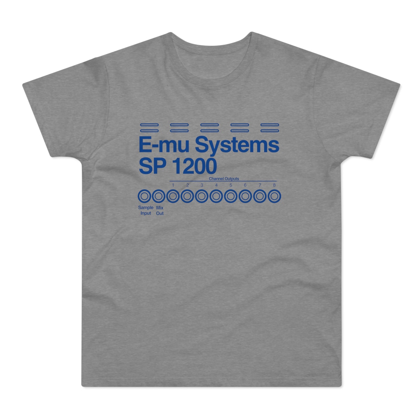 Grey t-shirt with blue E-mu Systems SP 1200 and channel outputs graphic.