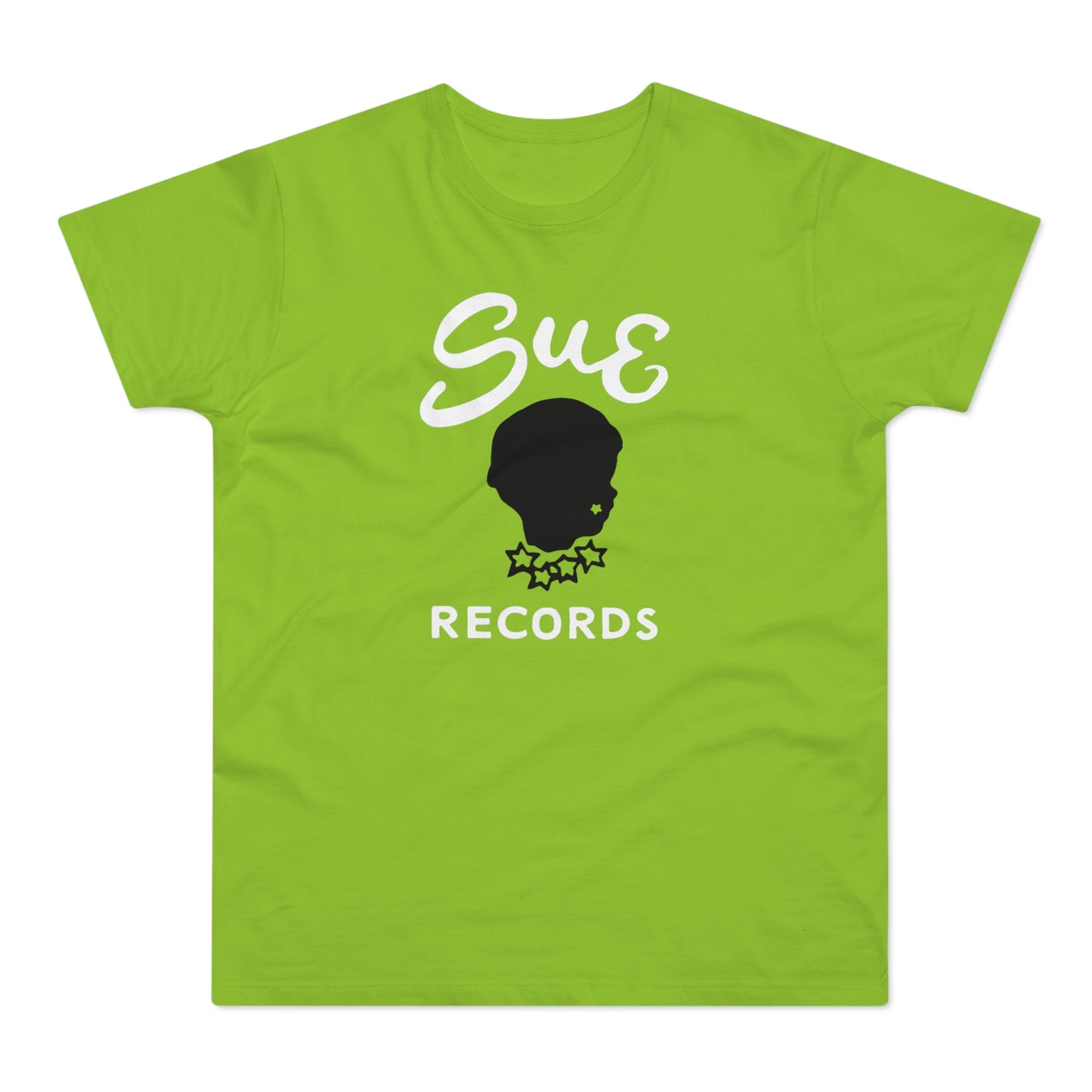 Lime green t-shirt with white "Sue" text over a black silhouette of a head and "RECORDS".