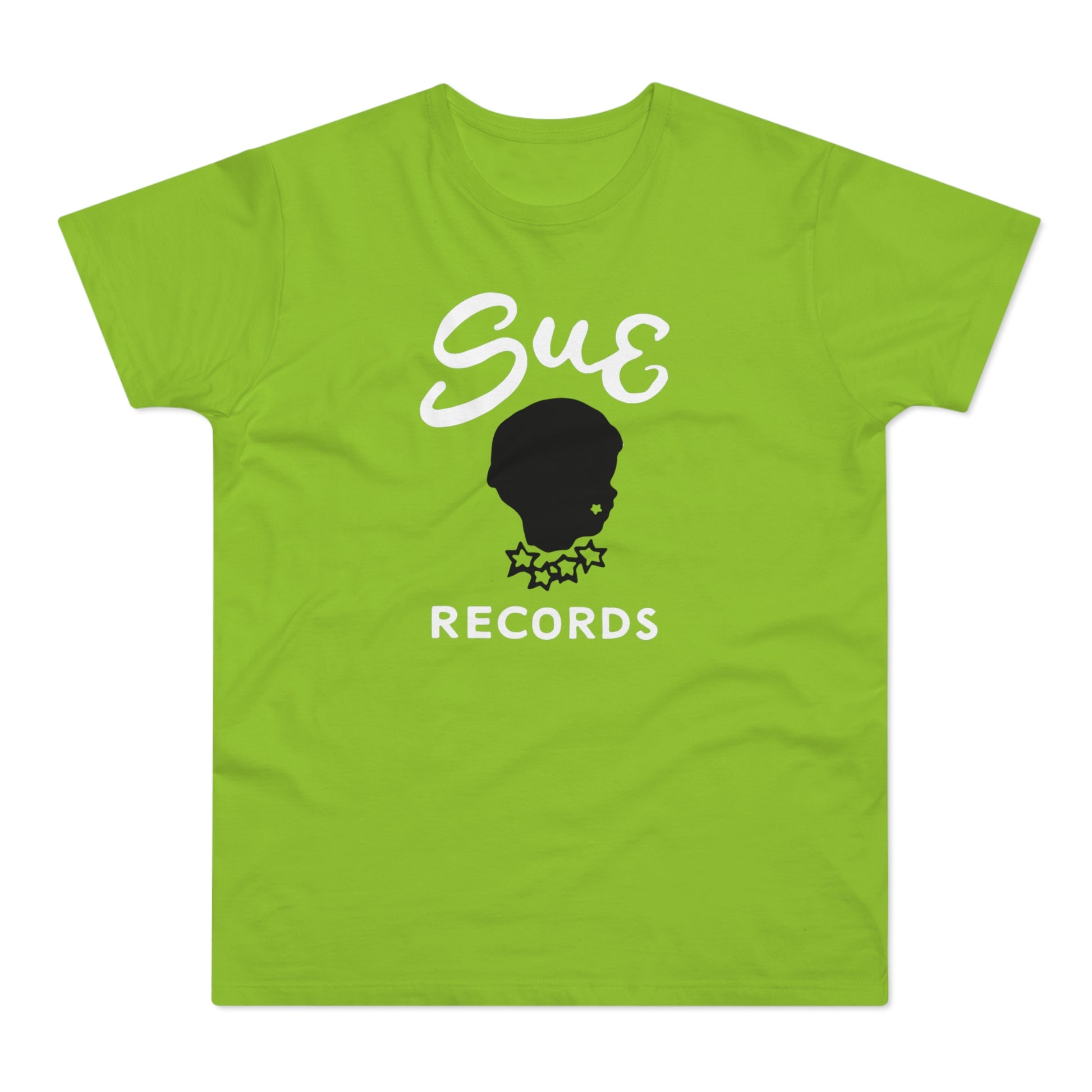 Lime green t-shirt with white "Sue" text over a black silhouette of a head and "RECORDS".
