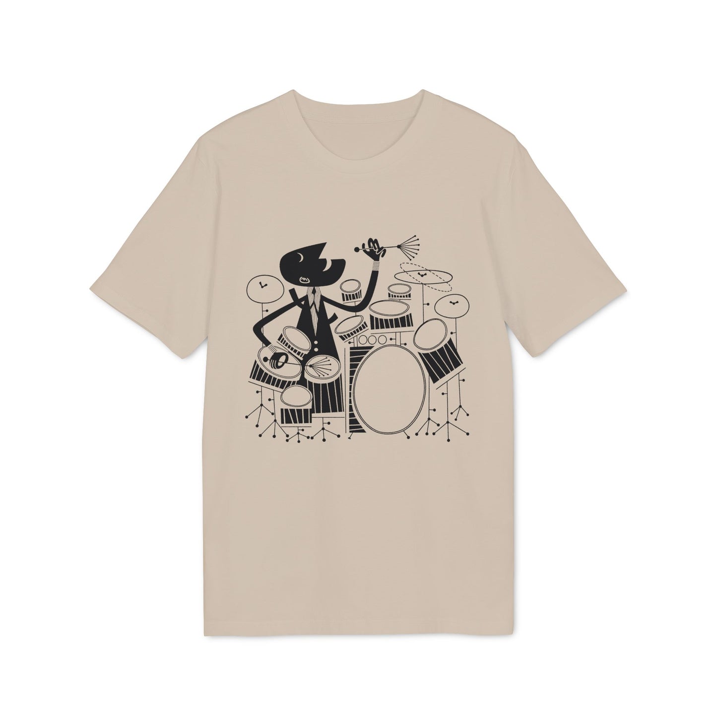 Black graphic of cartoon drummer playing a drum set on a tan t-shirt.
