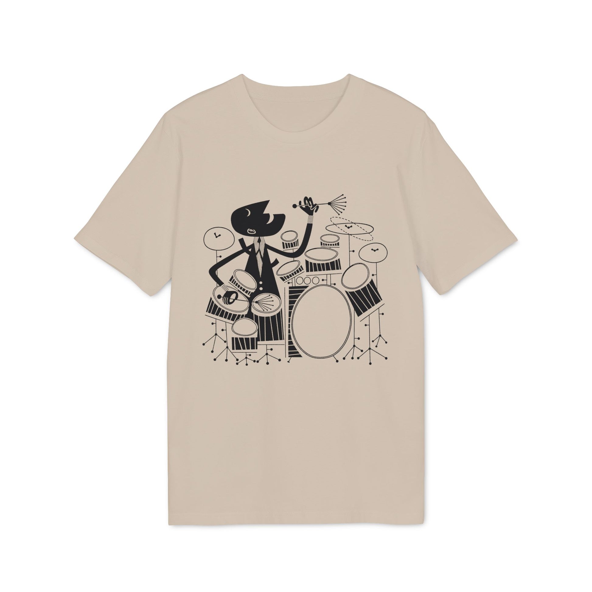 Black graphic of cartoon drummer playing a drum set on a tan t-shirt.