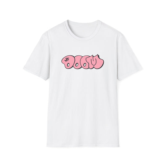 White t-shirt with pink graffiti style "DOOLEY" logo and "MF" text.